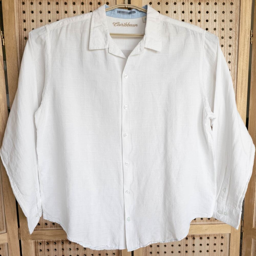 Caribbean White Linen Cotton Woven Long Sleeve Button Up Shirt Mens SIZE XL